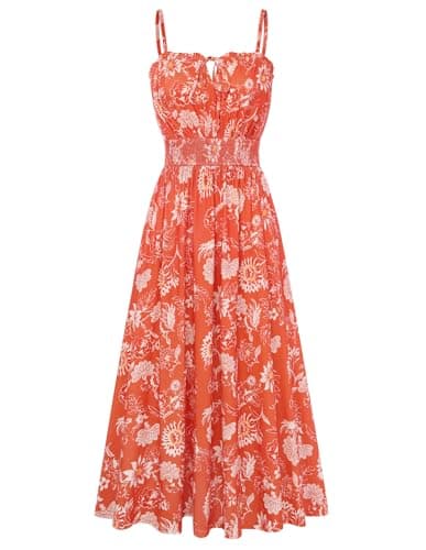 GRACE KARIN 2026 Women's Hawaiian Midi Sundress Summer Vacation Spaghetti Floral Clothes Boho Casual Dresses with Pockets Orange Floral S - Image 1