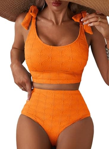 Herseas Women's Bikini Sets Seashell Textured Adjustable Tie Shoulder Swimsuits High Waisted Scoop Neck Stretchy Bathing Suit Romantic Trendy Beach Summer Outfits Orange Large - Image 1