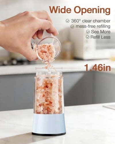 Gravity Electric Salt and Pepper Grinder Set 2-Pack - USB-C Rechargeable Base, Auto LED Light for BBQ/Camping, Adjustable Coarseness & Large Capacity - Stainless Steel (Morning Haze) - Thumbnail 6