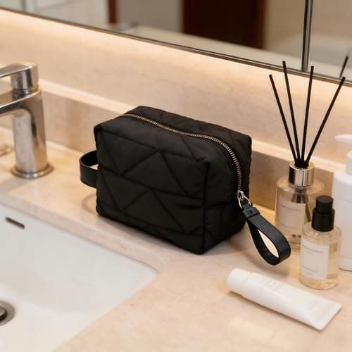 RCFJ b y K L A N D Quilted Makeup Bag Travel Cosmetic Bag, Soft Polyester Toiletry Bag for Women, Small Cosmetic Bag Portable Organizer with Dual Handle, Lightweight Storage Pouch - Thumbnail 5