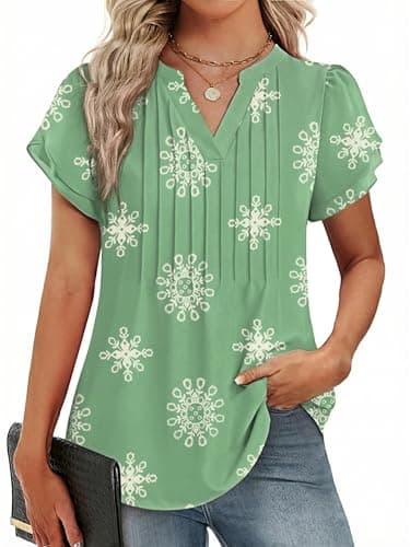 Funlingo Womens Tops Dressy V Neck Short Sleeve Pleated Blouses Dressy Casual Summer Work Shirts Professional Elegant Clothing Light Green L - Image 1
