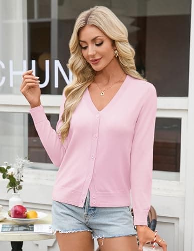 GRACE KARIN Womens Pink Cardigan Sweaters Lightweight Button Up Spring Cardigans Knit Shrug Trendy Summer Outfits L - Thumbnail 3