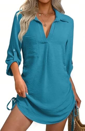 GKBK Women Swimsuit Coverup Bathing Suit Cover Ups for Swimwear Swim 2026 Summer Must Haves Bikini Beachwear Drawstring Beach Dress Shirt Honeymoon Gifts Peacock Blue S - Image 1