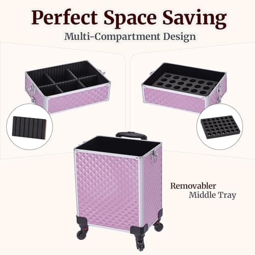TOPACK Professional 4-In-1 Rolling Makeup Train Case, Large Makeup Travel Case with Key Shoulder Strap/Handle Cushion I Makeup Train Case Organizer I Cosmetology Case on Wheels I Pink - Thumbnail 5