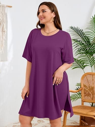 AusLook Plus Size Lounge Set for Women 2 Piece Outfit Oversized Tunic Top and Biker Shorts Purple 4X Matching Set Side Slit Casual Comfy Summer Outfit Travel Airport Look Maternity Friendly Sets - Thumbnail 5