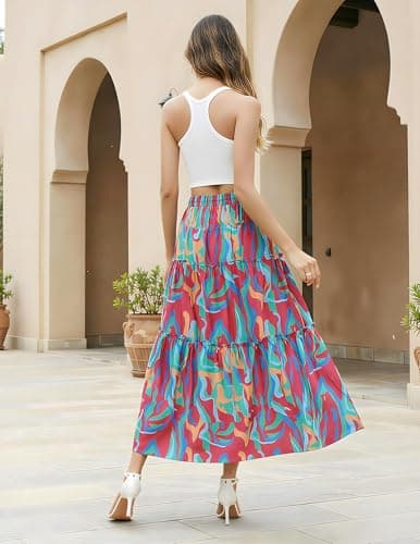 Aprolive Womens Boho Maxi Skirt Drawstring High Waist A-Line Skirt Pleated Ruffle Long Skirts Summer Casual Vacation Outfits(1-A Multicolor,Small) - Thumbnail 3