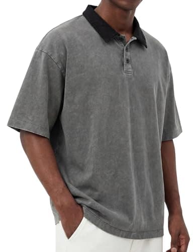 Vamtac Mens Oversized Polo Shirts Vintage Y2k Shirt Acid Wash Heavyweight Cotton Tee Short Sleeve Streetwear Tops Grey - Image 1