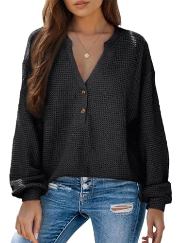 Dokotoo Blouses for Women 2026 Dressy Casual Long Lantern Sleeve Shirts Fluffy Touch Waffle Knit Tops Casual Loose V Neck Tunic Black Shirts Spring Outfits Small - Image 1