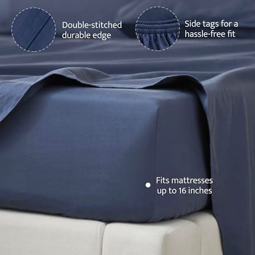 Double Stitch Queen Size Sheet Set,4PCS Soft & Breathable Cotton Organic Cotton Queen Sheet Set,Luxury 300 TC Sateen Weave Bed Sheets,100% GOTS Certified Long Staple Cotton, Navy - Thumbnail 4