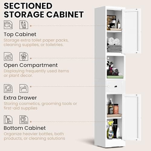 BIZOEIRON 71 Inch Tall Narrow Bathroom Storage Cabinet, Slim Metal Freestanding Floor Cabinet with Doors, Adjustable Shelves, Drawer & Open Shelf, Bathroom Organizer for Small Spaces, White - Thumbnail 4
