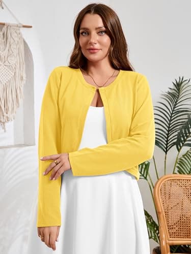 AusLook Plus Size Women Shrugs Long Sleeve Bright Yellow 5X Open Front Cardigan Knit Lightweight Coat Cropped Bolero Tops Shawls and Wraps Dressy Sweater - Thumbnail 2