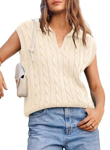 Dokotoo Vest Tops for Women V Neck Lapel Collar Cable Knit Women Vest Trendy Fall Outfits 2025 Womens Sweaters Beige Small - Image 1