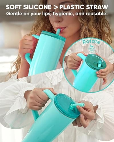 KISSKIND 40 oz Lumispin Tumbler with Handle and Hidden Straw, 100% Leak Proof Water Cup with Handle, Insulated Water Bottle for Travel, Mom, Nurse, Teacher, Student, Frosted Mint - Thumbnail 4