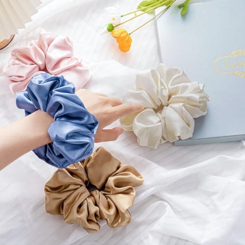 Lolalet Big Satin Scrunchies for Women, 5.9 Inch Large Oversized Scrunchie, Soft Jumbo/Giant Scrunchies Hair Ties for Thick & Curly Hair -4 Pack, Blue/Caramel/Pink/Champagne - Thumbnail 6