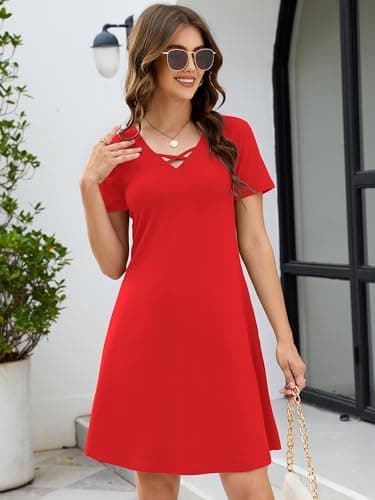 KORSIS Women's Midi Dresses Summer Casual T-Shirt Short Sleeve Criss Cross V Neck Swing Soft Loose Beach Party Vacation midi Soild Dress with Pockets (S-2XL) Red - Thumbnail 2