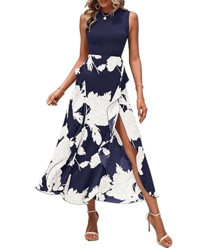 BTFBM Summer Dresses for Women 2026 Casual Spring Floral Sleeveless Ruffle Boho Cocktail Wedding Guest Party Midi Dress(Big Floral White Navy, X-Large) - Image 1
