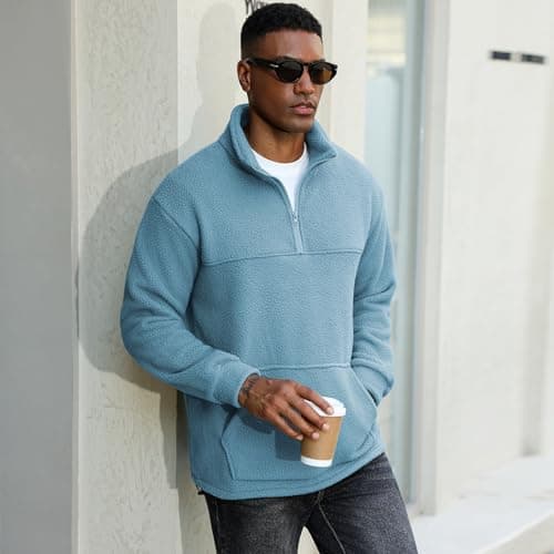 ZAFUL Mens 1/4 Zipper Fluffy Polar Fleece Pullover Sweatshirt Printed Kangaroo Pocket Fall Winter Unisex Hoodie Tops Blue 2XL - Thumbnail 4