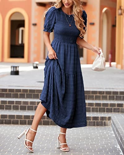 dowerme Womens Summer Dresses 2025 Casual Puff Short Sleeve Crewneck Smocked Flowy Ruffle Boho Beach Party Maxi Sundress(Navy,Small) - Thumbnail 3
