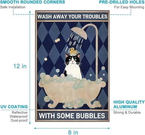 Carastora Vintage Tin Sign – Funny Bathroom Wall Decor, "Wash Away Your Troubles with Some Bubbles", Cat Metal Poster for Home, Cafe, Office, 8x12 Inch - Thumbnail 6