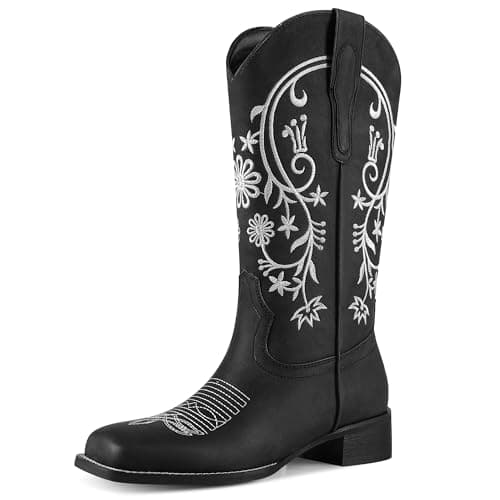 UJPFEO Cowboy Boots for Women Mid Calf Cowgirl Boots Square Toe Pull On Low Chunky Heel Embroidery Western Boots - Image 1