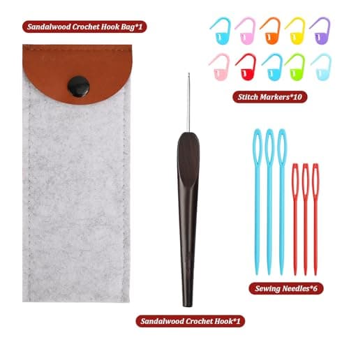 Smooth Crochet Hooks with Mertric Numbers and 10 pcs Stitch Markers, 6 pcs Sweing Needles, 1 pc Sandalwood Crochet Hook Bag, Hand Polished Stainless Steel Crochet Hook with Wood Handle (Black, 2.0MM) - Thumbnail 3