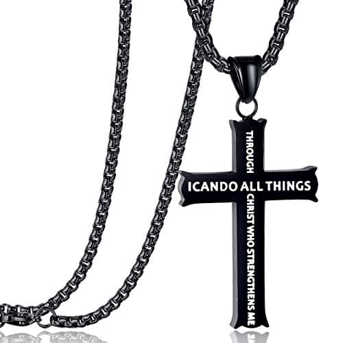 Rehoboth Stainless Steel Bible Verse Cross Pendant Necklaces for Men Women Philippians 4:13 Strength Bible Verse I CAN DO ALL THINGS 24 Chain Inch Black - Image 1