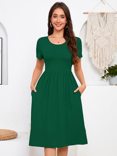 DEARCASE Casual Dresses for Women Dark Green XX-Large Short Sleeve A line Summer Beach Midi Sundress Wedding Guest Flowy Swing Cocktail Slimming Birthday Party Spring Travel Long Dress with Pockets - Thumbnail 5