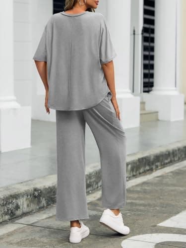 Tankaneo Womens 2 Piece Outfits Lounge Sets Oversized Short Sleeve V Neck Tshirts Wide Leg Cropped Pants Matching Set, Light Grey, Medium - Thumbnail 4