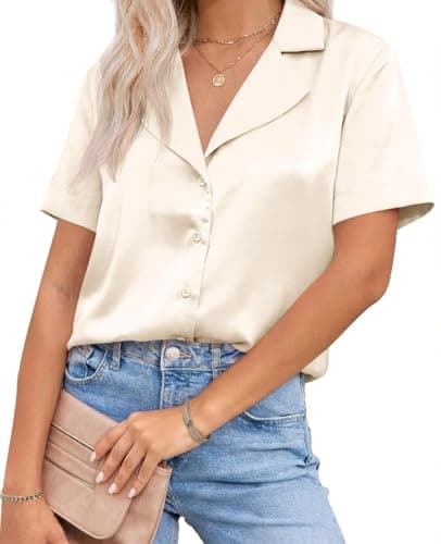 Cicy Bell Womens Summer Satin Button Down Shirts Silk Short Sleeve V Neck Casual Dressy Tops Loose Fit Collared Work Blouse Beige - Image 1