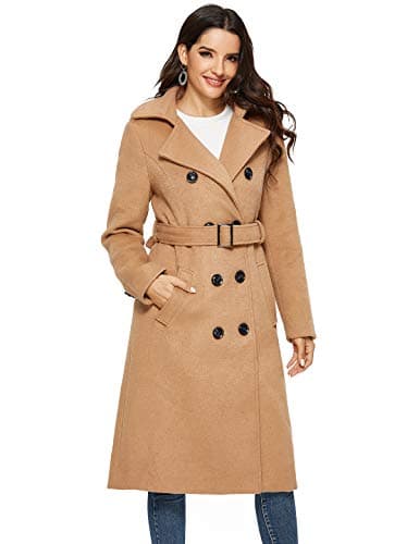 Escalier Womens Wool Coat Double Breasted Pea Coat Winter Long Trench Coat with Belt Camel L - Image 1