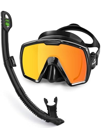 Freela Adult Dry Snorkel Set Scuba Diving Mask with Nose Cover for Men Women Youth, Safety Tempered Glass 180° Wide View, Anti Fog No Leak Mirrored Orange Len Snorkeling Gear for Swimming, Diving