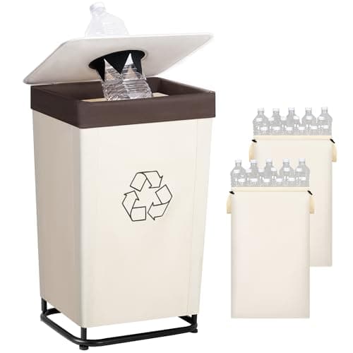 StorageWorks Recycling Bin with Lid, 29Gal Large Recycling Bin for Kitchen, Indoor Recycling Bins with 2 Reusable Washable Bags for Bottles and Cans, Steel Frame Fabric Sorter, 110L, Beige - Image 1
