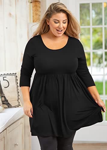 AusLook Plus Size Tops for Women 3/4 Sleeve Black 2X Blouses Crewneck Clothes Tunic Pleated Clothing Flowy Babydoll Summer Fall Winter Maternity Shirts - Thumbnail 3