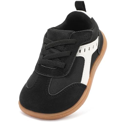 WIDE TOE BOX Toddler Sneakers Barefoot Comfortable Walking Shoes for Boys Girls Non-Slip Fashion Sporty Daily Shoe Black White Size 5 - Image 1