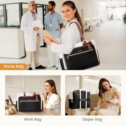 LOVEVOOK 17 Inch Laptop Teacher Tote Bag for Women, Work Nurse Bag with Large Cup Holder, Quilted Diaper Bag for Travel, Computer Women's handbags for Teacher gift, Apricot-brown - Thumbnail 6