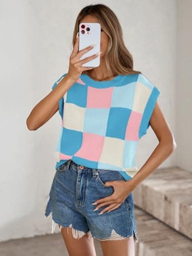 Libsorge Women's Knit Crop Top - Checkered Cute Sweater, Cap Sleeve, Crew Neck | Trendy Casual Short Sleeve Blue - Thumbnail 6