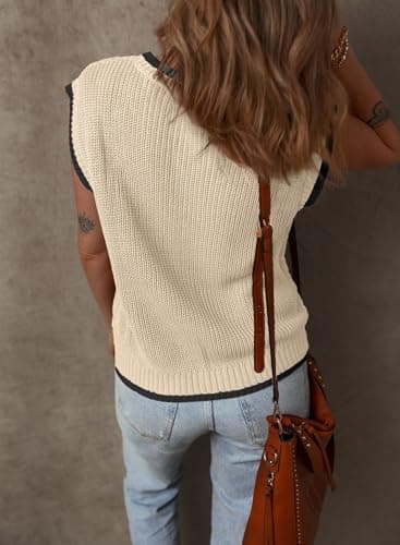 Dokotoo Tank Tops for Women 2024 Round Neck Cap Sleeve Color Block Cable Knit Sweater Vest Women Summer Tops Womens Fashion Apricot Medium - Thumbnail 3