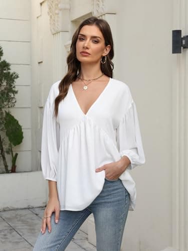 Aotasely Women's Flowy Peplum Babydoll Tops 3/4 Length Puff Sleeve Shirts Trendy Casual Loose Fit Blouse V Neck Outfits White - Thumbnail 4
