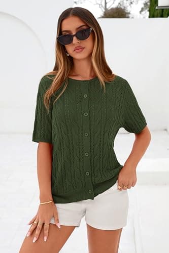 MASCOMODA Women Summer Cable Knit Crochet Cardigan Sweaters Casual Button Short Sleeve Sweater Cute Beach Hollow Out Knit Top(Army Green,Small) - Thumbnail 2