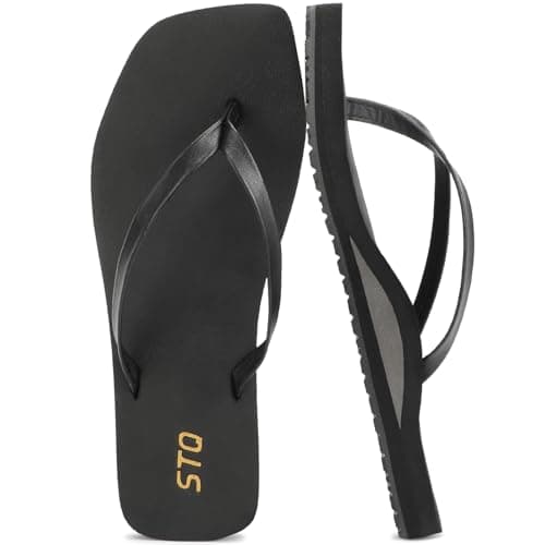 STQ Flip Flops Womens Square Toe Sandals Arch Support Orthopedic Beach Pool Slim Summer Comfortable All Black Size 11 - Image 1