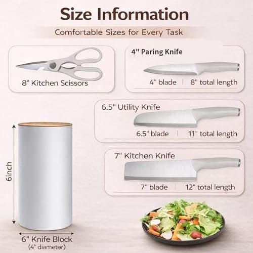 5-Piece Knife Block Set, Lightweight Stainless Steel Kitchen Knives Set with Scissor, Removable Drain Block, Home Apartment New Kitchen Essentials (Beige White) - Thumbnail 3