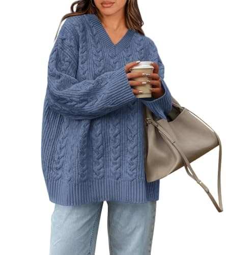 Okiwam Women's Oversized Sweaters Long Sleeve V Neck Cable Knit Pullover Tops Fall Outfits Winter Fashion Clothing 2026-XS Blue - Image 1