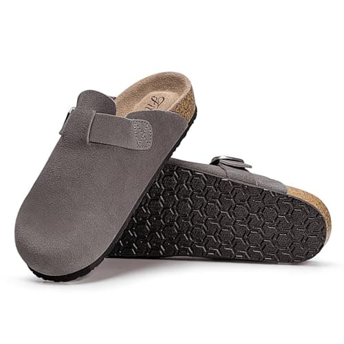 FITORY Womens Clogs Slip-on Potato Shoes Leather Mules with Suede Cork Footbed Grey Size 8 - Thumbnail 3