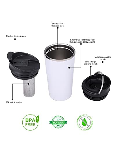 GiNT 17oz Travel Tea Mug with Infuser, 2 Lids. Vacuum Insulated 316 Stainless Steel Coffee Mug. Dishwasher Safe Tea Cup with Strainer for Hot & Cold Brew Coffee. Mothers Day Gifts for Mom (White) - Thumbnail 4