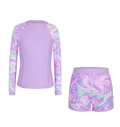 Alakuoti Girls Rash Guard Swimsuit Two Piece Bathing Suit UPF 50+ Sun Protection Long Sleeve Swimwear Size 7 Purple Wave - Thumbnail 5