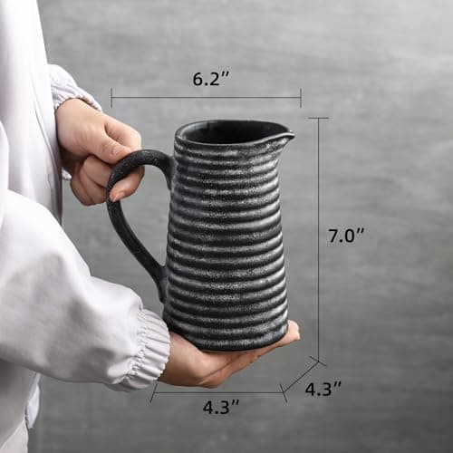 Quoowiit Ceramic Rustic Vase with Handle, Black Distressed Decorative Farmhouse Pitcher Vase for Home Decor Living Room Bedroom Kitchen Office Shelf Decor Centerpiece Table Decoration - Thumbnail 5