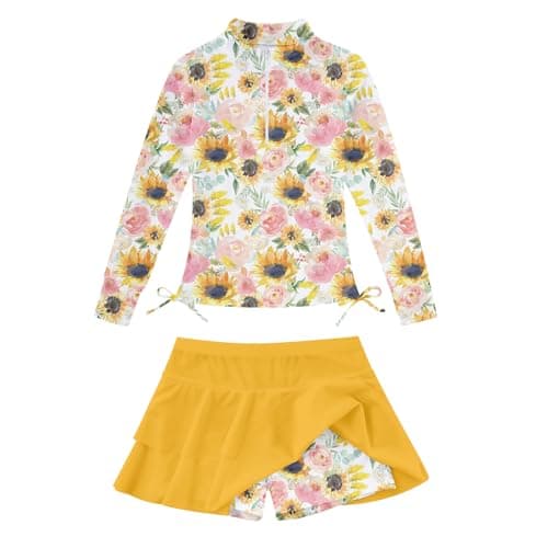 Little Girls Swimsuits Size 5 6 Yellow Sunflower Rashguard Shirts Bathing Suits for Kids 5 Yeras Summer Beach Sport Swimwear with Cover-ups Skirts Shorts Girl's 3D Printed Zip Down Flower Swim Sets