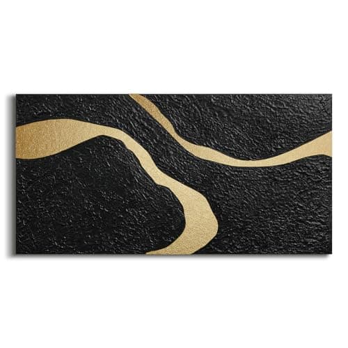 JUHOME Black Abstract Wall Art – 24x48 In Original Hand-Painted Textured Canvas with Flowing Gold Lines, Modern Horizontal Oil Painting Minimalist Artwork for Living Room Bedroom Hallway Wall Decor - Image 1