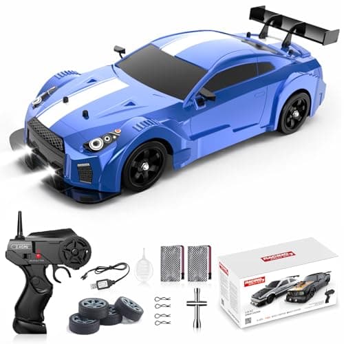 Remote Control Car RC Drift Car 1:16 Scale 4WD 18KM/H High Speed Model Vehicle 2.4GHz with LED Lights Spray Rubber Tire Racing Sport Toy for Adults Boys Girls Kids Gift 2Pcs Rechargeable Batteries