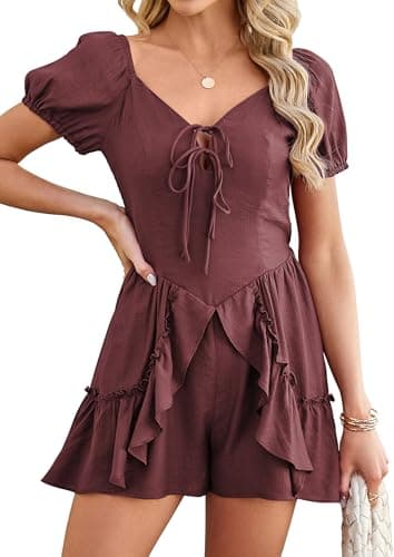 ECOWISH Womens Summer Short Rompers Tie Front V Neck Short Sleeve Ruffle Hem Beach Romper Dress with Pockets 2026 Bean Paste Small - Image 1